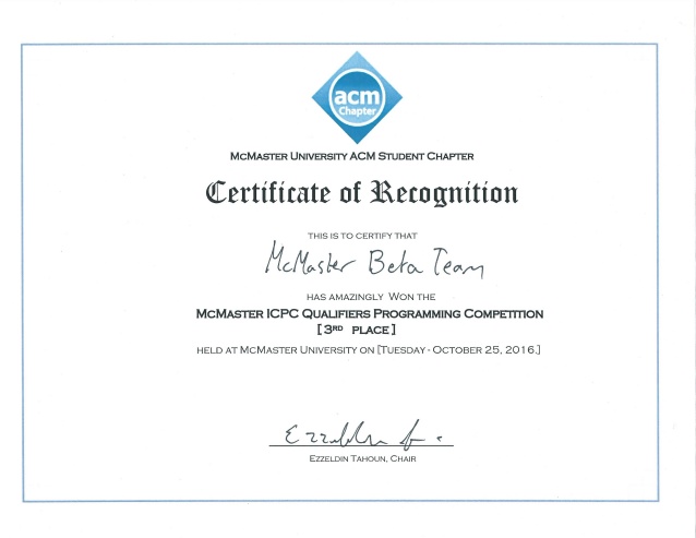 Kelvin Lin's Third Place McMaster ACM-ICPC Qualifier Certificate