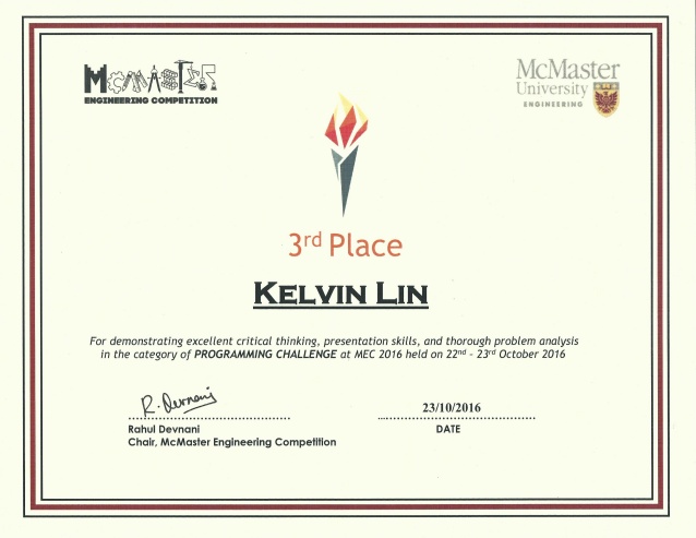 Kelvin Lin's 2016 McMaster Engineering Competition Third Place Certificate