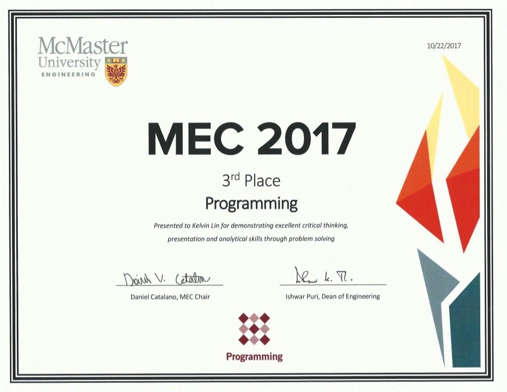 Kelvin Lin's 2017 McMaster Engineering Competition Third Place Certificate