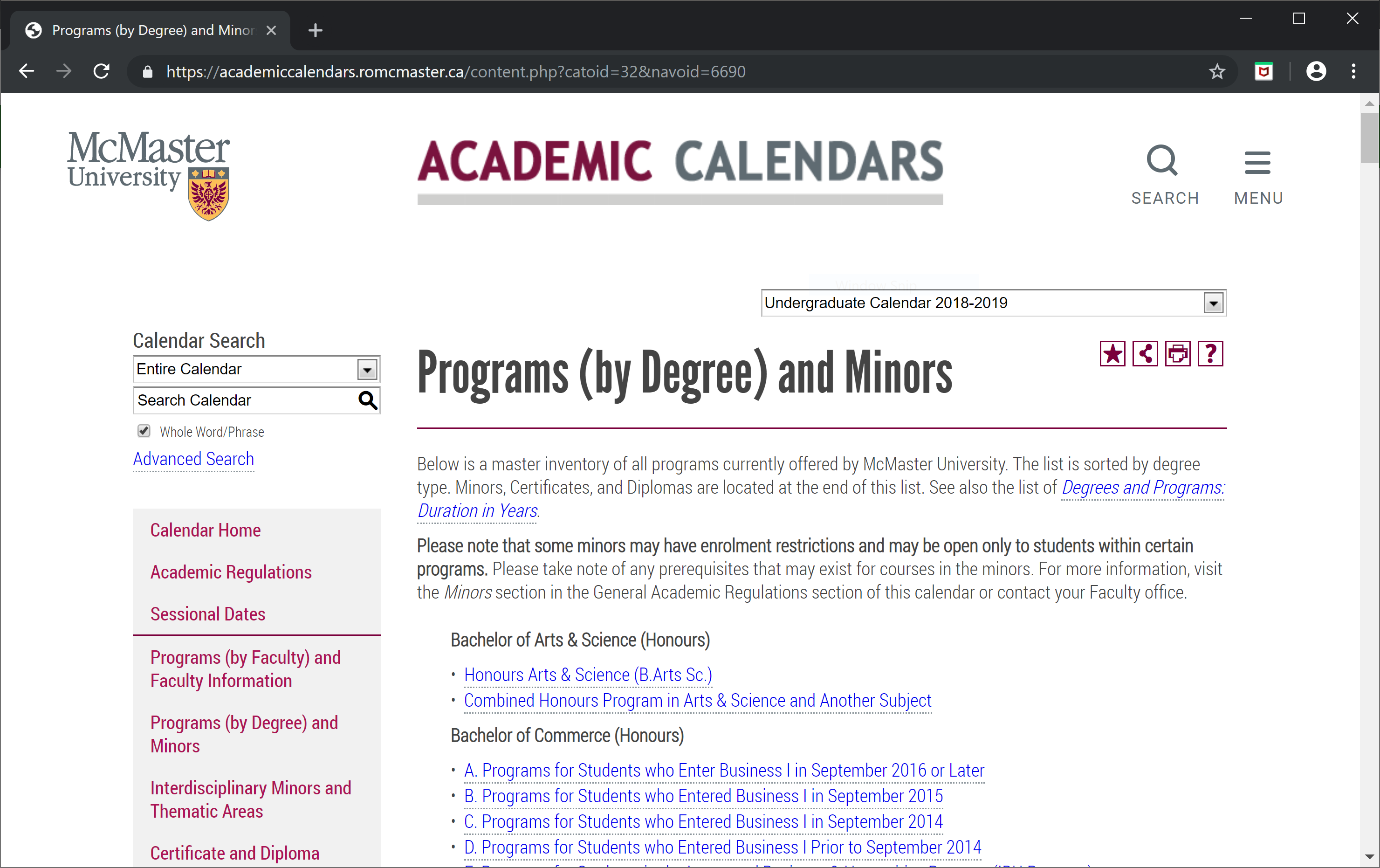 McMaster Academic Calendar for Undergraduate Students