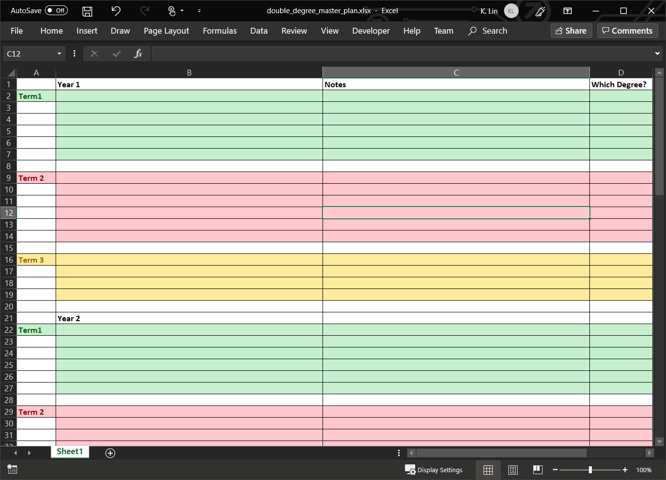 My double degree planning template