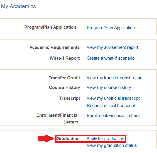 The Apply for Graduation button on Mosaic under My Academics