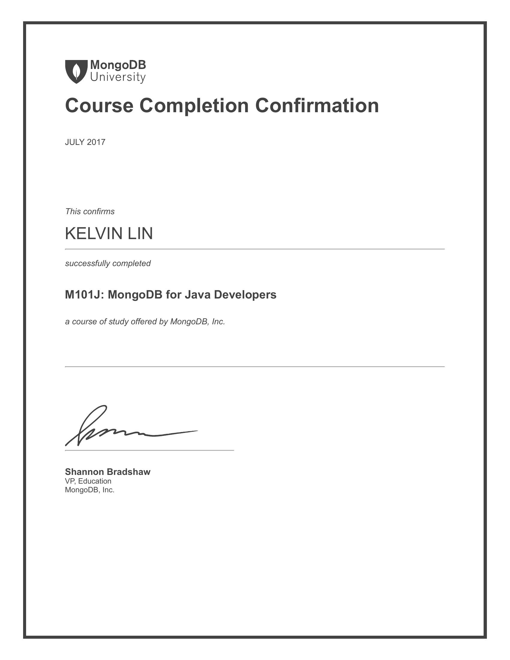 Kelvin Lin's M101J Course Completion Confirmation