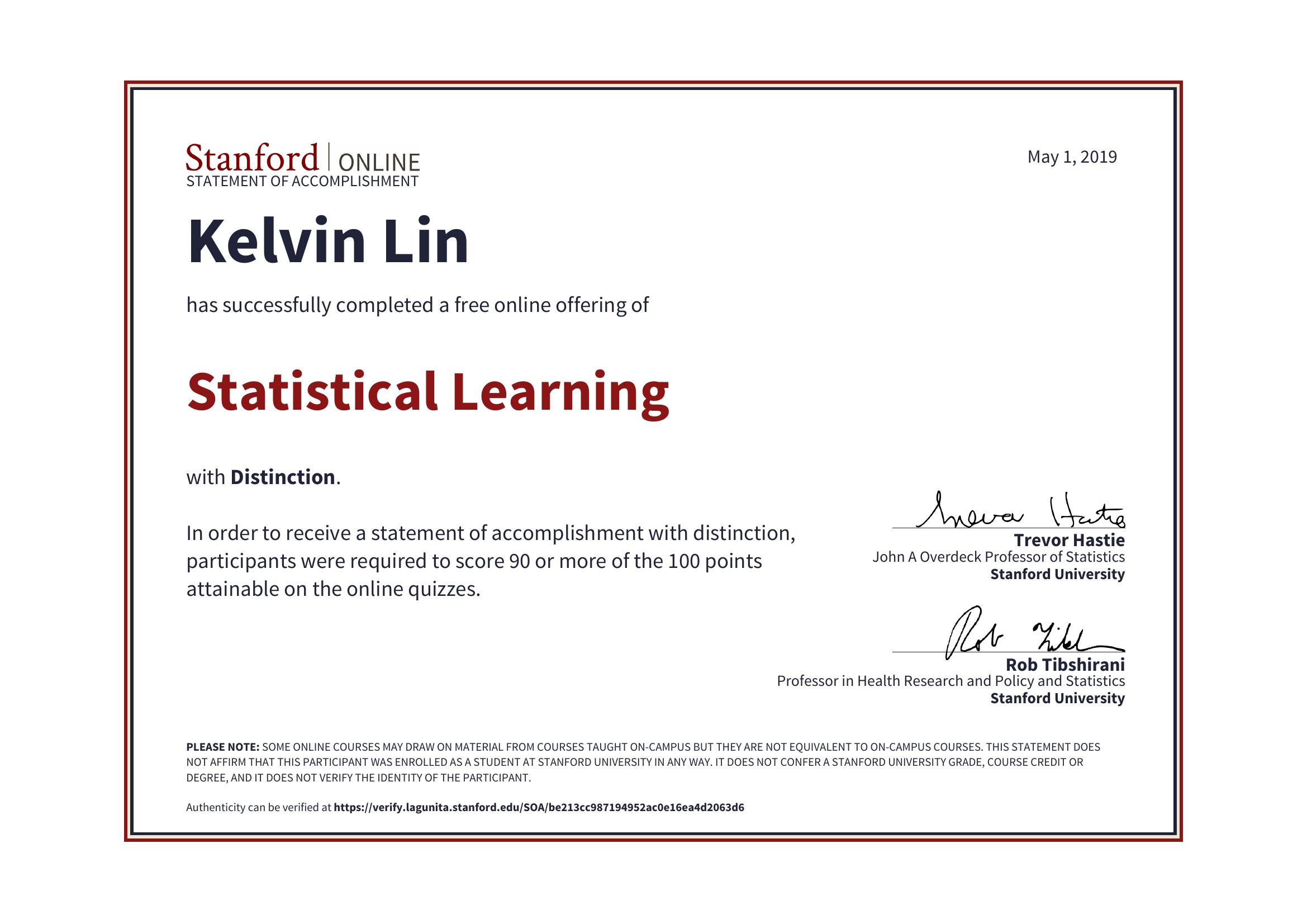 Kelvin Lin's Stanford Lagunita's Statistical Learning Statement of Accomplishment with Distinction